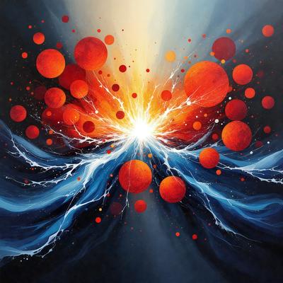 The primary subject of the image is a vibrant and colorful painting featuring a sunburst. The setting is a dark background, which contrasts with the bright colors of the sunburst. The visual style is a combination of digital art and illustration, creating a dynamic and engaging scene. The dominant colors are red, orange, and blue, which evoke a sense of warmth and energy. The overall atmosphere of the painting is lively and captivating.